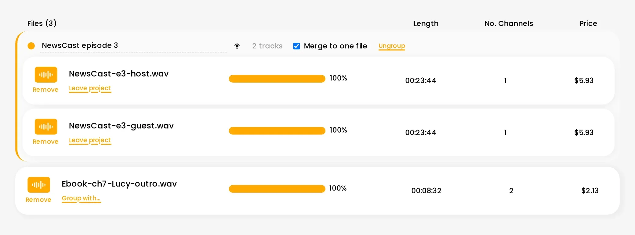 An order with a project of two tracks, host and guest, set to one merged file, and a single file on its own