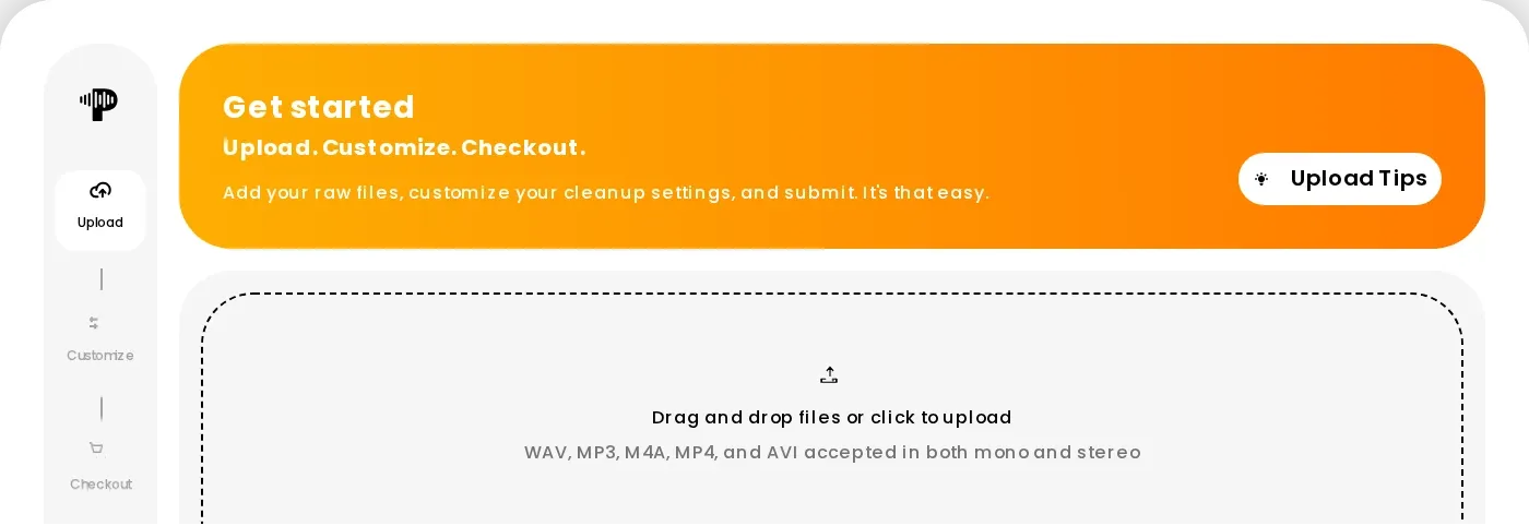 The Podsworth upload page: get started, then drag and drop files or click to upload
