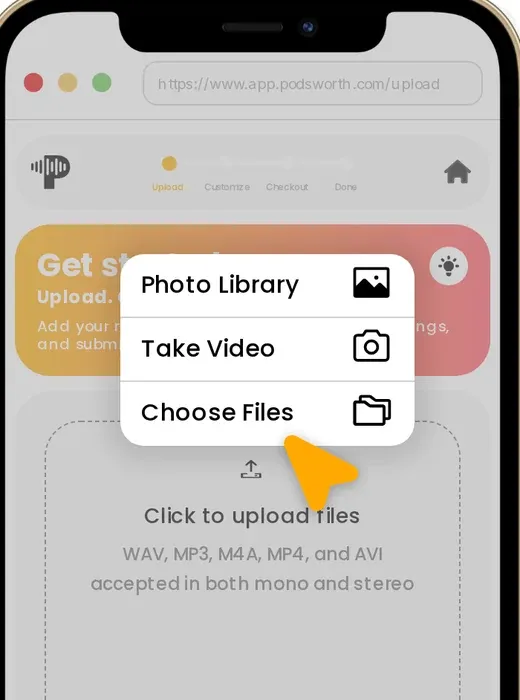 Uploading from a phone: choose a file from the photo library, the camera or files